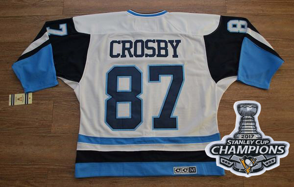 Penguins #87 Sidney Crosby White/Blue CCM Throwback Stanley Cup Finals Champions Stitched NHL Jersey - Click Image to Close